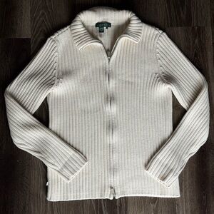 Lauren Ralph Lauren Cream Ribbed Zip-Front Sweater women’s size medium